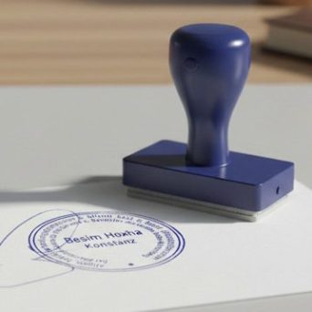 Blauer Stempel auf einem Dokument mit einem seriellen Muster.