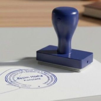 Blauer Stempel auf einem Dokument mit einem seriellen Muster.